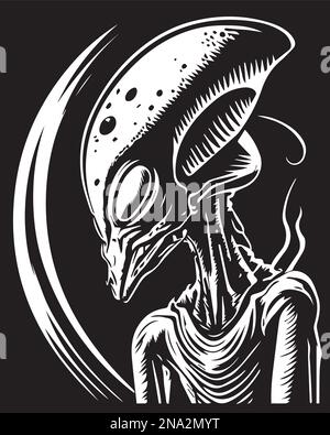 Beautiful and mysterious linocut art or colouring page of an alien made ...