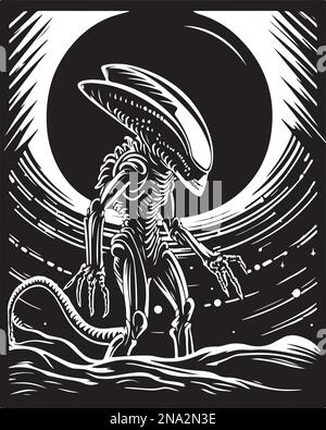 Beautiful and mysterious linocut art or colouring page of an alien made ...