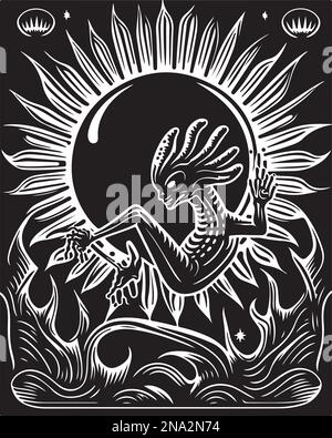 Beautiful and mysterious linocut art or colouring page of an alien made ...
