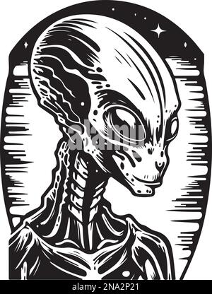 Beautiful and mysterious linocut art or colouring page of an alien made ...