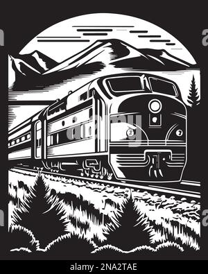 Steam locomotive in the mountains linocut vector illustration digital art Stock Vector