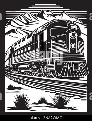 Steam locomotive in the mountains linocut vector illustration digital art Stock Vector