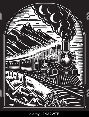 Steam locomotive in the mountains linocut vector illustration digital art Stock Vector