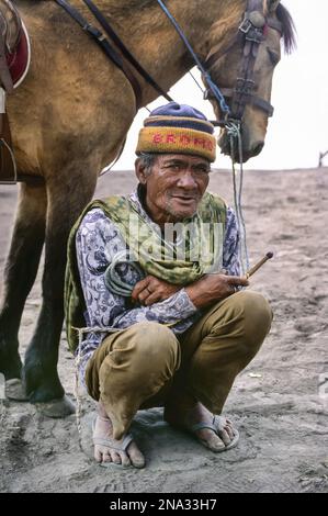 Guide with horse near Mount Brumo Volcano; Java, Indonesia Stock Photo
