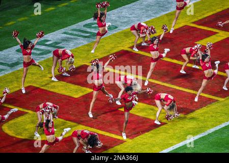 Glendale, USA. 11th Feb, 2023. Kansas City Chiefs cheerleaders perform during the beginning of the third quarter of Super Bowl LVII between the Philadelphia Eagles and the Kansas City Chiefs held at State Farm Stadium in Glendale, Arizona on Feb. 12, 2023. (Photo by Anthony Behar/Sipa USA) Credit: Sipa USA/Alamy Live News Stock Photo