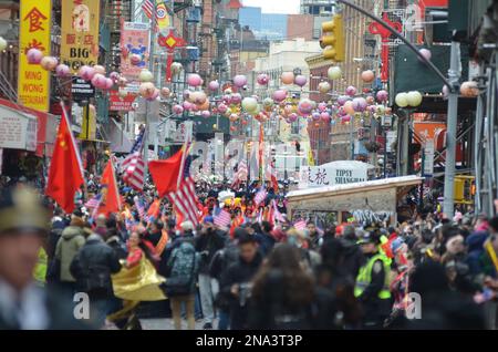 New York, New York, USA. 12th Feb, 2023. Thousands are seen marching at the 25th Annual Chinese Lunar New Year Parade and Festival in Manhattan-Chinatown. (Credit Image: © Ryan Rahman/Pacific Press via ZUMA Press Wire) EDITORIAL USAGE ONLY! Not for Commercial USAGE! Credit: ZUMA Press, Inc./Alamy Live News Stock Photo