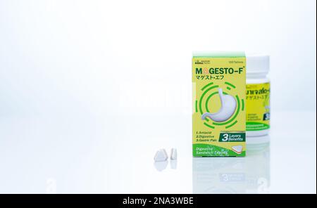 CHONBURI, THAILAND-SEPTEMBER 23, 2022: Magesto-F tablets pill with drug bottle and paper box packaging. Licensed by Takeda Pharmaceutical company. Stock Photo