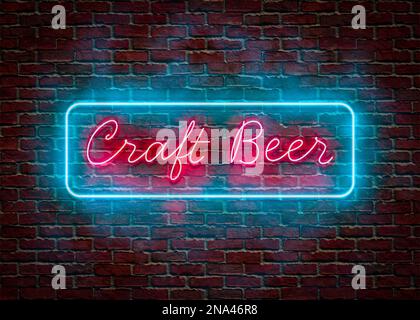 Craft Beer Neon Sign on a red brick wall Stock Photo