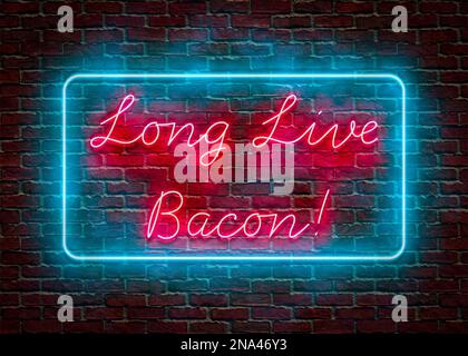 Long Live Bacon Neon Sign on a red brick wall Stock Photo