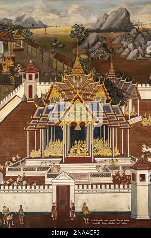 Gold pagoda in Wat Phra Kaew murals Stock Photo