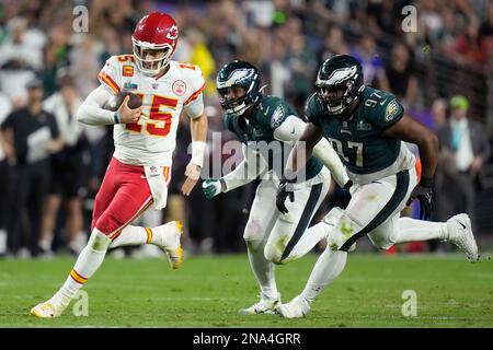 PHILADELPHIA, PA - AUGUST 02: Philadelphia Eagles linebacker Haason Reddick  (7) greets Philadelphia Eagles defensive lineman Javon Hargrave (97) during  training camp on August 2, 2022 at the Novacare Complex in Philadelphia