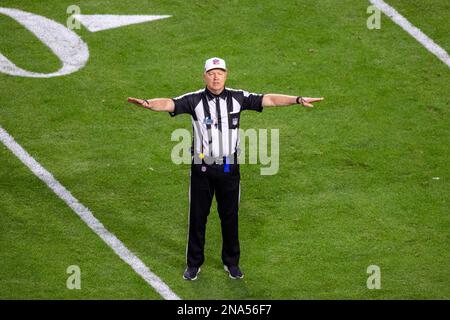 GLENDALE, AZ - FEBRUARY 12: Referee Carl Cheffers makes a holding call late  in the game during Super Bowl LVII between the Kansas City Chiefs and the  Philadelphia Eagles on February 12