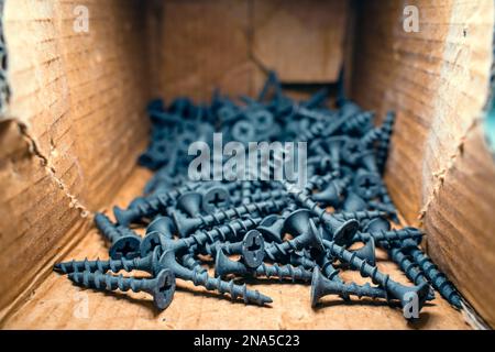 Small black wood screws close-up in a cardboard box Stock Photo