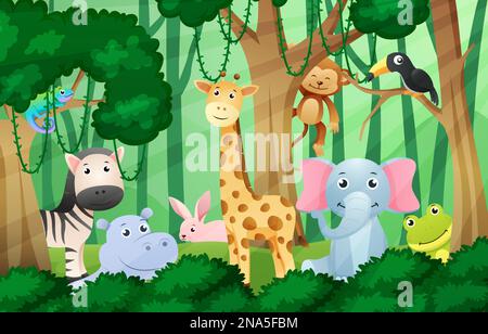 Wildlife animals in jungle scene . Kids style . Vector . Stock Vector