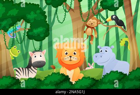 Wildlife animals in jungle scene . Kids style . Vector . Stock Vector