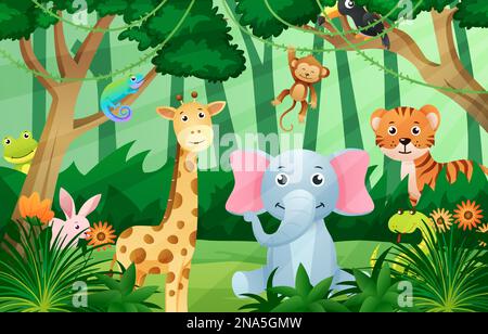Wildlife animals in jungle scene . Kids style . Vector . Stock Vector