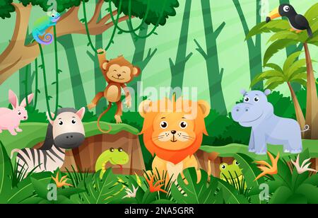 Wildlife animals in jungle scene . Kids style . Vector . Stock Vector