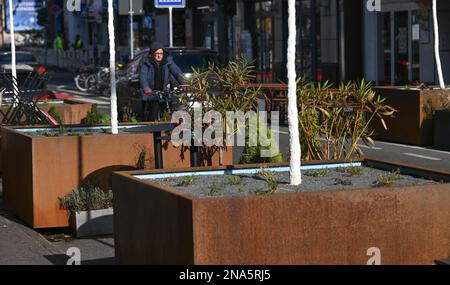 PRODUCTION - 09 February 2023, Hesse, Frankfurt/Main: Large planters stand on Oeder Weg at the edge of the roadway in areas that could previously be used for parking. Reconstruction is gradually taking place in many cities. Oeder Weg is one of several streets where Hesse's largest city is testing a redistribution of space. Space has been taken away from car traffic, but cyclists can travel more safely and pedestrians can stroll more undisturbed. (to dpa 'More beautiful city centers - municipalities want to get away from dense car traffic') Photo: Arne Dedert/dpa Stock Photo