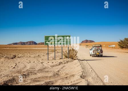 Road sign for Solitaire and Windhoek, Namib-Naukluft National Park; Namibia Stock Photo