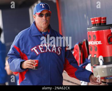 Texas Rangers special assistant Greg Maddux is seen in the dugout
