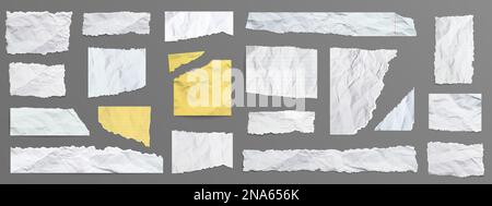 Set of torn and crumpled paper scraps isolated on grey background. Realistic vector illustration white and yellow pieces of ripped notebook, diary, scrapbook pages with wrinkled texture, uneven edges Stock Vector