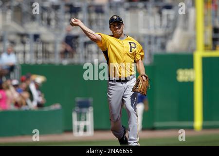 Pittsburgh Pirates first baseman Nick Evans is shown by the batting cage  before the Pirates spring training baseball game against the Philadelphia  Phillies at Brighthouse Field in Clearwater, Fla., Thursday, March 8