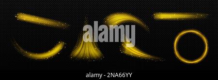Gold glitter magic dust effect on transparent background. Sparkle shimmer stream, flowing wind with golden powder particles, vector isolated illustration. Set of realistic shiny flying traces Stock Vector