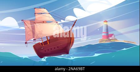 Sea landscape with lighthouse on island and ship with white sail. Cartoon vector background with house on rocky coast in ocean, wooden caravel. Beacon building on harbor seascape during stormy weather Stock Vector
