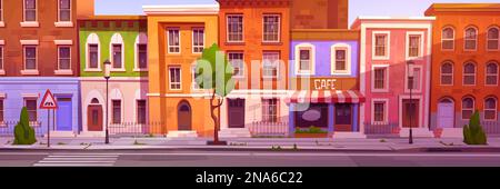 Cartoon city street with nice houses and cafe. Vector illustration of town neighborhood, residential district. Brick buildings facade with windows and doors, empty sidewalk and road on sunny morning Stock Vector