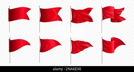 Red flags and pennants on poles mockup. Blank fabric banners triangle ...