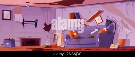 Cartoon vector background with old dirty living room. Abandoned house with messy furniture and torn sofa with stain. Disaster at home with garbage. Untidy apartment with crack on wall. Stock Vector