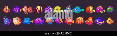 Cartoon set of cute sea fish isolated on dark background. Vector illustration of ocean or marine underwater animal characters with funny big eyes and smiles. Colorful tropical coral reef inhabitants Stock Vector