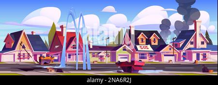 Destroyed derelict city street after war, earthquake, collapse, unrest. Old town landscape with houses and buildings ruins with boarded up windows and broken cars, vector cartoon illustration Stock Vector