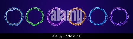 Ui circle border for profile avatar in game with electricity lightning effect. Neon thunderbolt frame set vector isolated. Different fantasy interface elements for user wreath. Winner ring design. Stock Vector