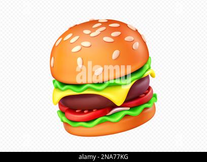 3d render fastfood burger with cheese vector icon on transparent background. Isolated sandwich illustration made of bread, tomato and meat. Beef cheeseburger plastic style delivery application. Stock Vector