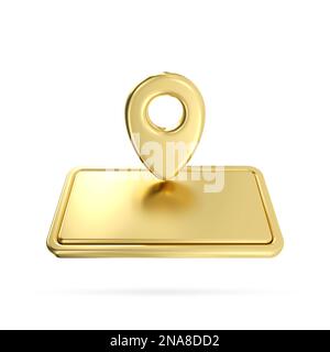 Gold metal name plate with pin icon. 3d gold direction pointer isolate on white background , gps navigation and travel location position search, 3d re Stock Photo