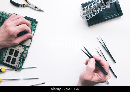 Soldering computer components flat lay Stock Photo