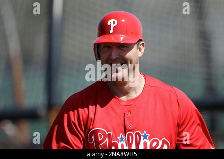 Jim Thome, who has returned to the Philadelphia Phillies, meets the media  in the Club House at Citizens Bank Park in Philadelphia, Pennsylvania,  Friday, January 20, 2012. (Photo by Alejandro A. Alvarez/Philadelphia