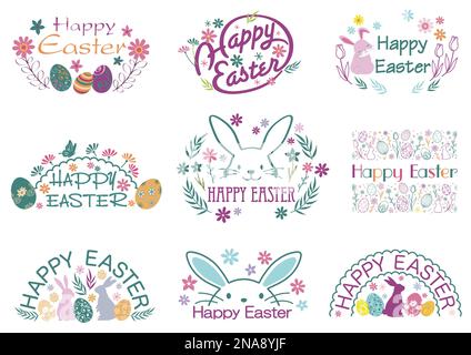 Happy Easter Vector Colorful Symbol Logo Set With Cartoonish Easter Bunnies, Easter Eggs, And Floral Elements Isolated On A White Background. Stock Vector