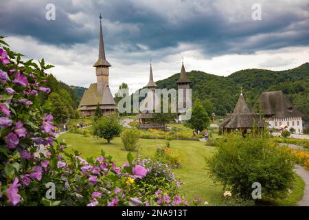 Bârsana Monastery with 18th century wooden church, Maramures County, Transylvania, Romania Stock Photo