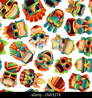 African masks pattern. Seamless print with tribal ritual ethnic zoomorphic totems, ancient religious ceremonial decoration cartoon style. Vector texture. Religious painted faces fabric Stock Vector