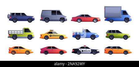 Cars collection. Cartoon vehicle transport, colorful sedan or hatchback automobile, taxi auto flat style transportation concept. Vector isolated set. Police emergency, cab service, sport car Stock Vector