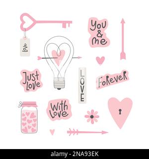 Set of cute pink elements, lettering for st. Valentines day, scrapbooking, greeting cards, stickers, party invitations, gift tags. Stock Vector