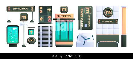 City transport elements set with public bus road signs trees traffic ...