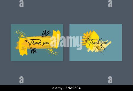 Thank you card template with brushstroke ink fluid and tropical botanic and lettering font design. Stock Vector