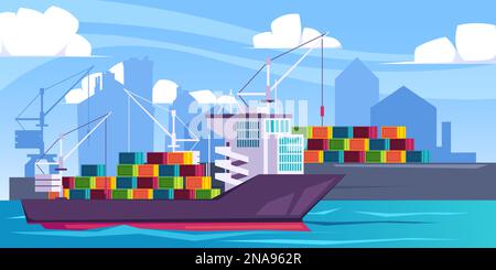 Freight ship in port. Cartoon marine dock with barge loading containers, international seaport terminals and shipyard with vessels. Vector flat illustration. Importing goods, global commerce Stock Vector