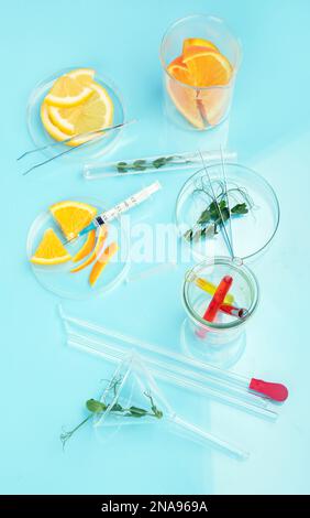 Laboratory glassware with plants and citrus fruits. top view Stock Photo