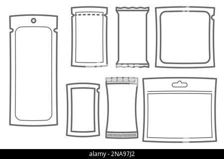 Sachets packs and pouch bags icons. Plastic and paper sticks for powder, sugar, medicine, sauce and coffee with zipper. Vector set Stock Vector