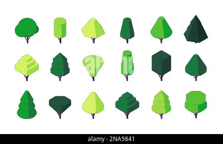 Isometric trees. Green plants of polygonal shapes, botanical deciduous forest and park landscaping, decorative floral elements. Vector isolated set. Outdoor plants in geometric forms for game Stock Vector
