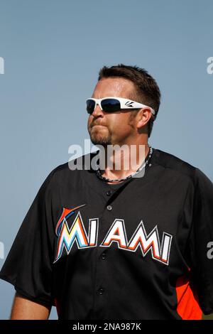 Miami Marlins pitcher Heath Bell throws to the New York Mets at the Roger  Dean Stadium in Jupiter, Florida on March 15, 2012. The Miami Marlins beat  the New York Mets 3-1.